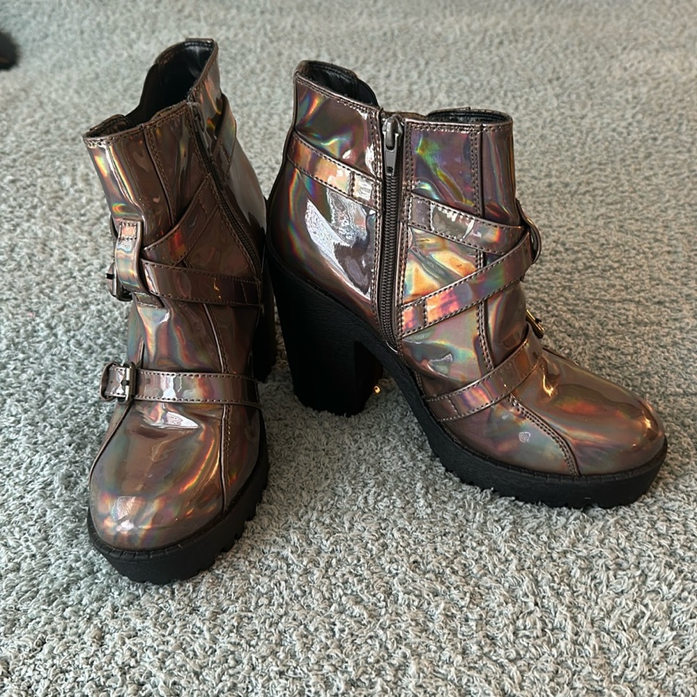 Boohoo Iridescent Holographic Chunky Heel Ankle Boots